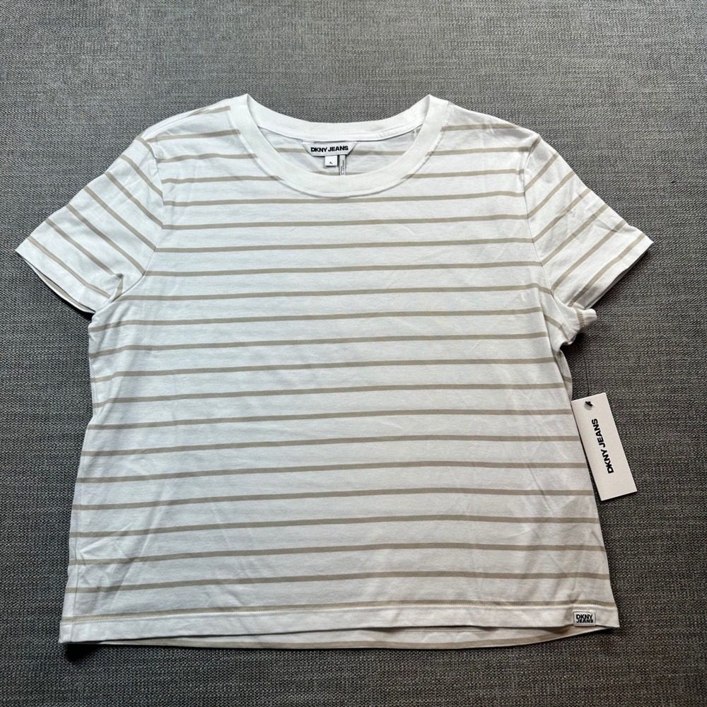 DKNY Jeans T-Shirt Women PL White Beige NWT Striped Crew Neck  Short Sleeve